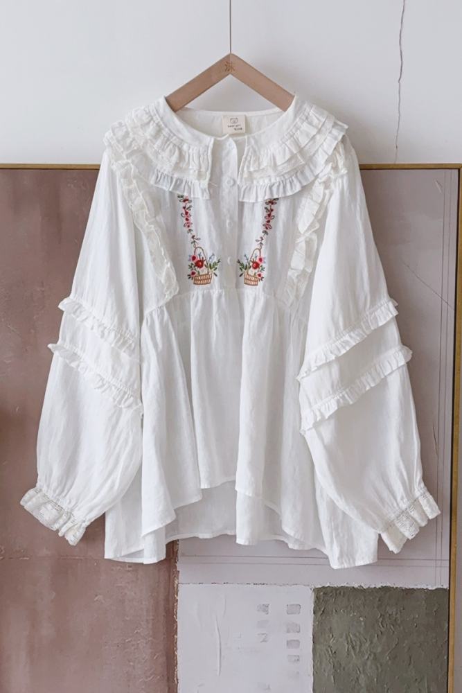 Lacework Long Sleeve Blouse Pink Mori Kei Style
