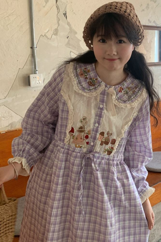 Forest Plaid Lace Up Long Dress Mori Kei Fashion