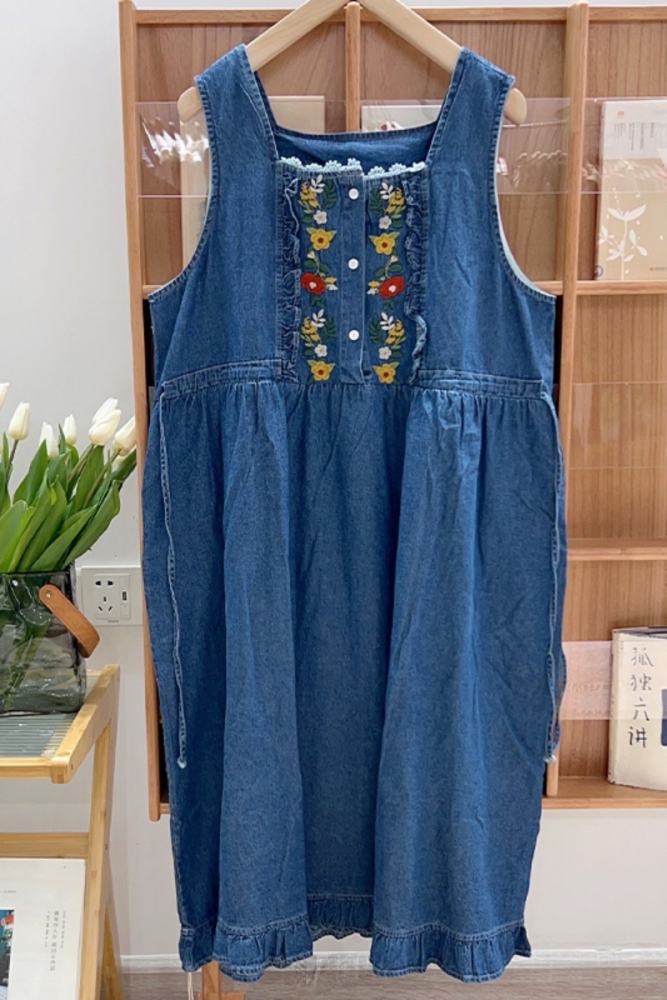 Spring Embroidered Sleeveless Denim Dress Blue Mori Kei Fashion