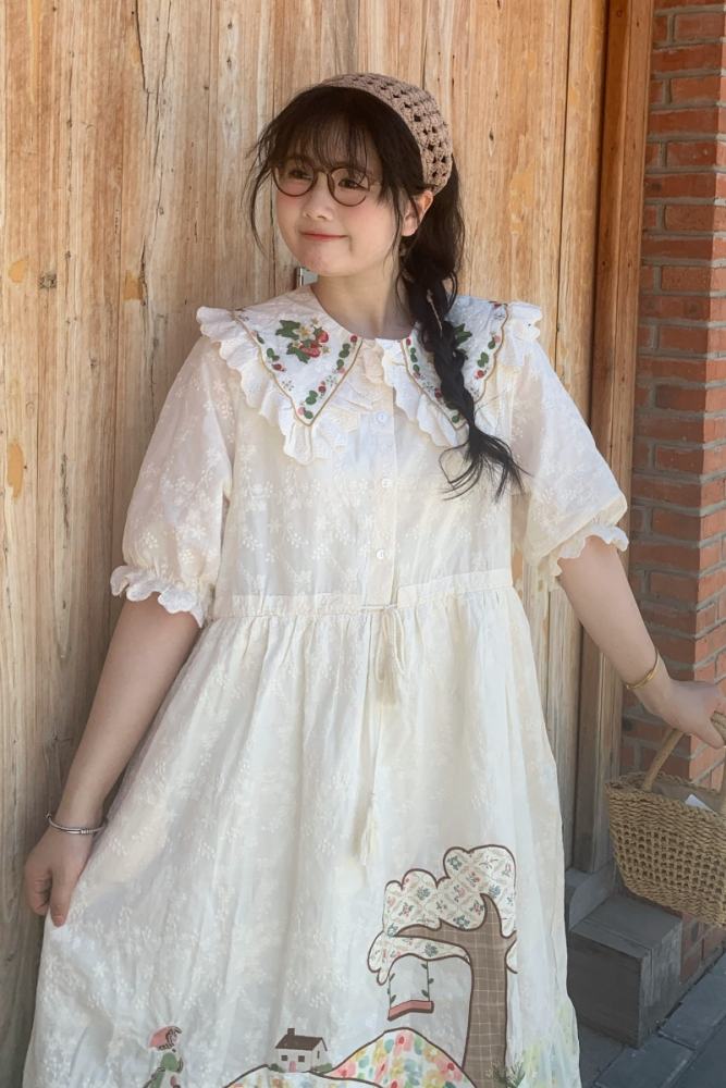 Retro Lapel Print Dress Mori Kei Style