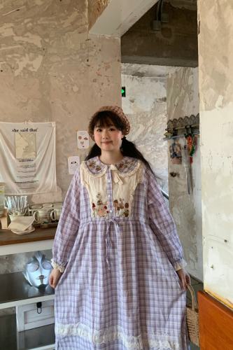 Forest Plaid Lace Up Long Dress Mori Kei Fashion