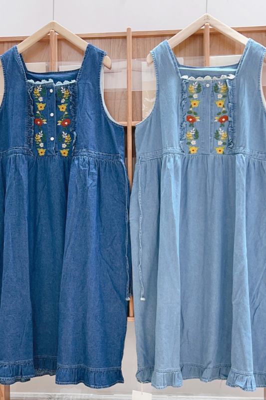 Spring Embroidered Sleeveless Denim Dress Blue Mori Kei Fashion