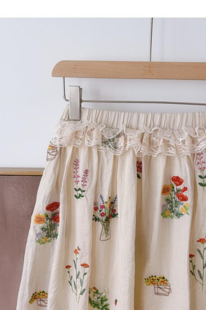 Nature Flowers Embroidery Skirt White Mori Kei Style