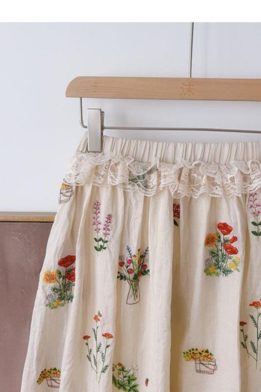 Nature Flowers Embroidery Skirt White Mori Kei Style