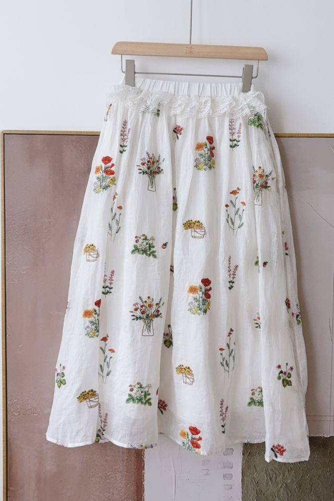 Nature Flowers Embroidery Skirt White Mori Kei Style