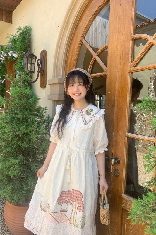 Retro Lapel Print Dress Mori Kei Style