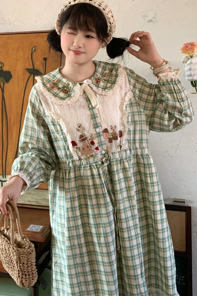 Forest Plaid Lace Up Long Dress Mori Kei Fashion