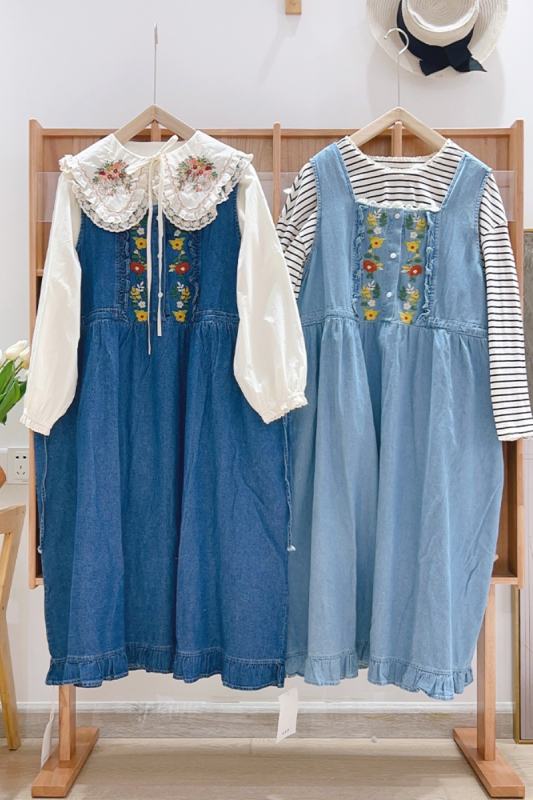 Spring Embroidered Sleeveless Denim Dress Blue Mori Kei Fashion