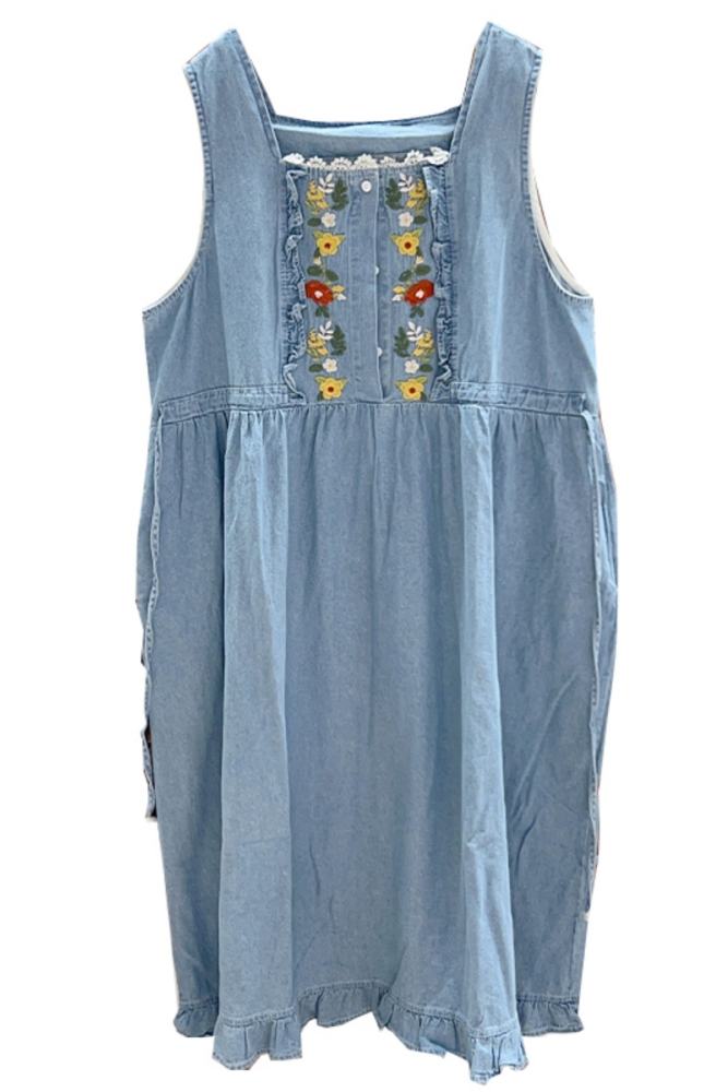 Spring Embroidered Sleeveless Denim Dress Blue Mori Kei Fashion