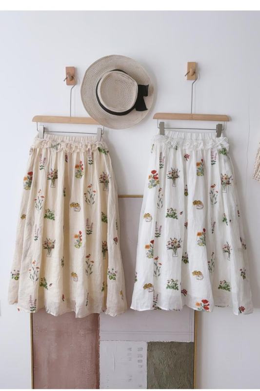 Nature Flowers Embroidery Skirt White Mori Kei Style