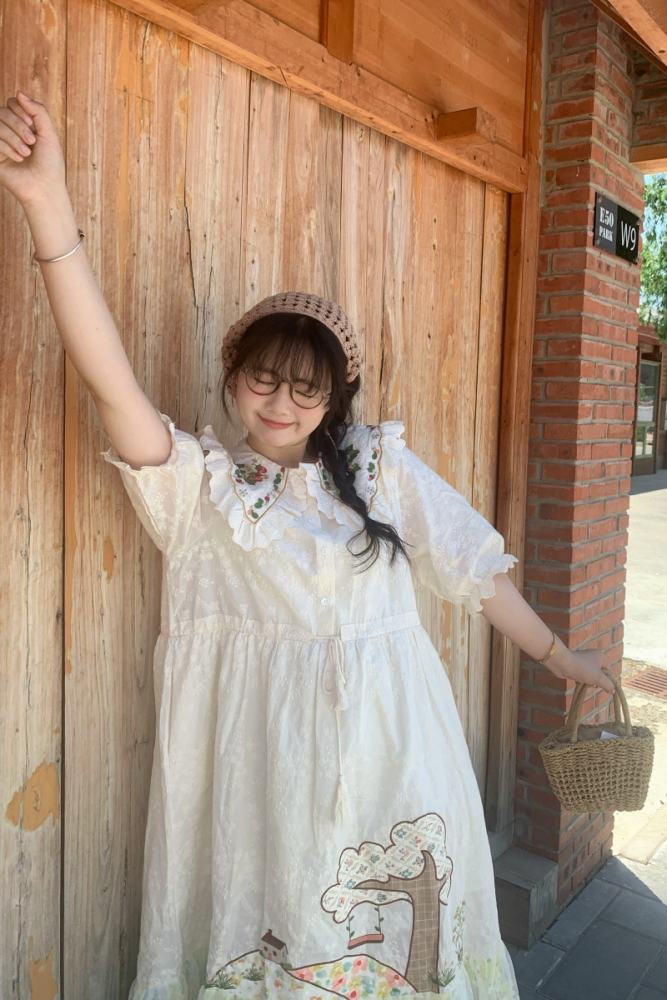 Retro Lapel Print Dress Mori Kei Style