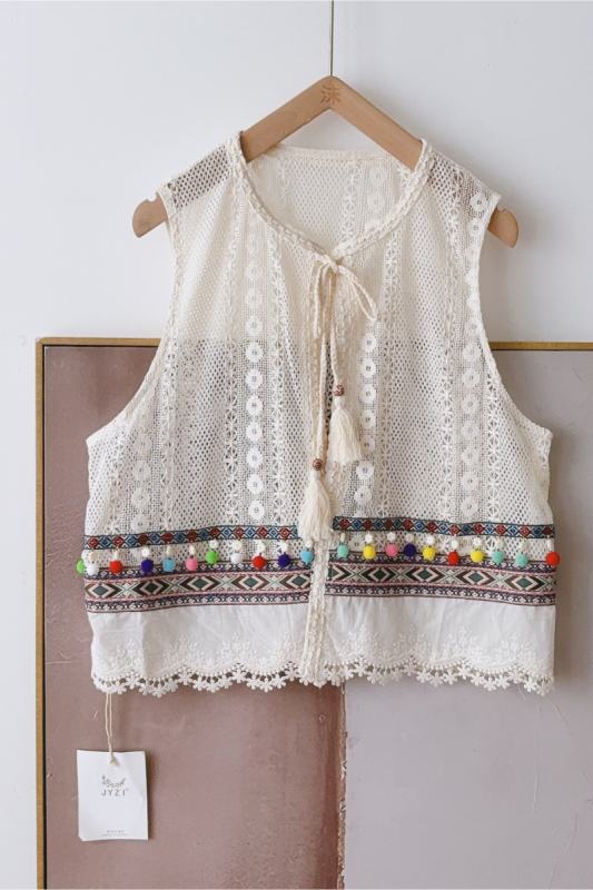 Sleeveless Lace Hollowed Dress Apricot Vest Mori Kei Style