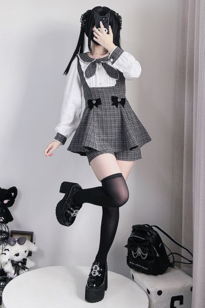 Pink Rabbit Love Ode Plaid Bow Set Pink Jirai Kei Outfits