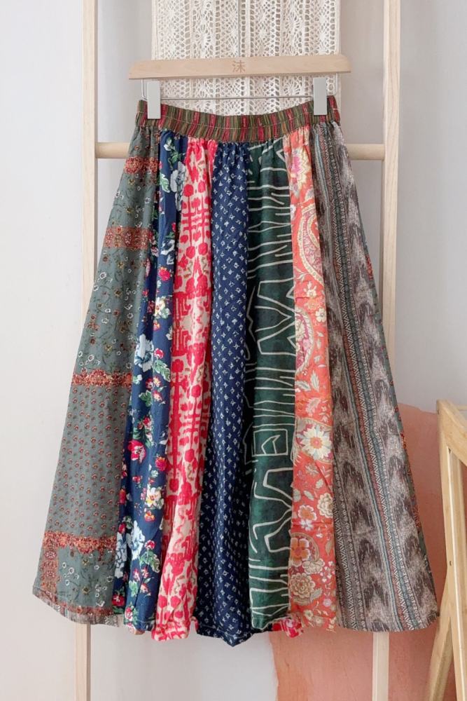 Retro Travel Patchwork Skirt Hama Kei Mori Kei Style