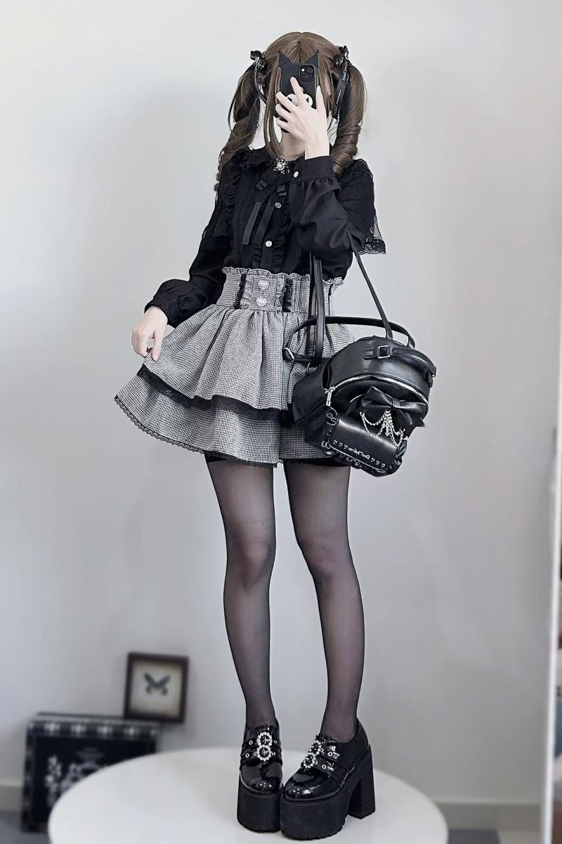 Pink Rabbit Night Prayer Japanese Lacework Set Black Jirai Kei Outfits