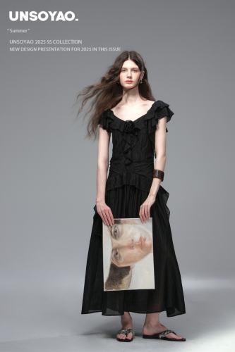 Black Mandala Ruffled Pleated Dress Black Modern Fashion