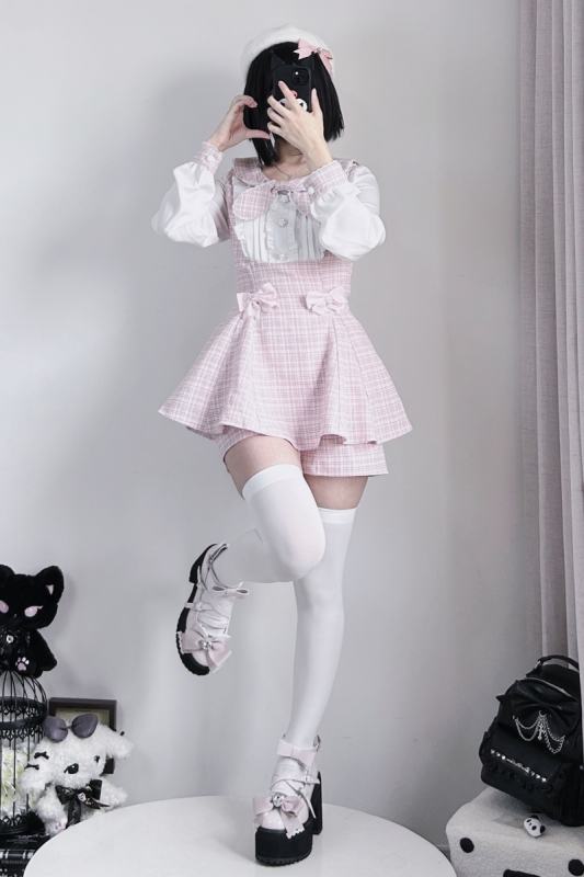 Pink Rabbit Love Ode Plaid Bow Set Pink Jirai Kei Outfits