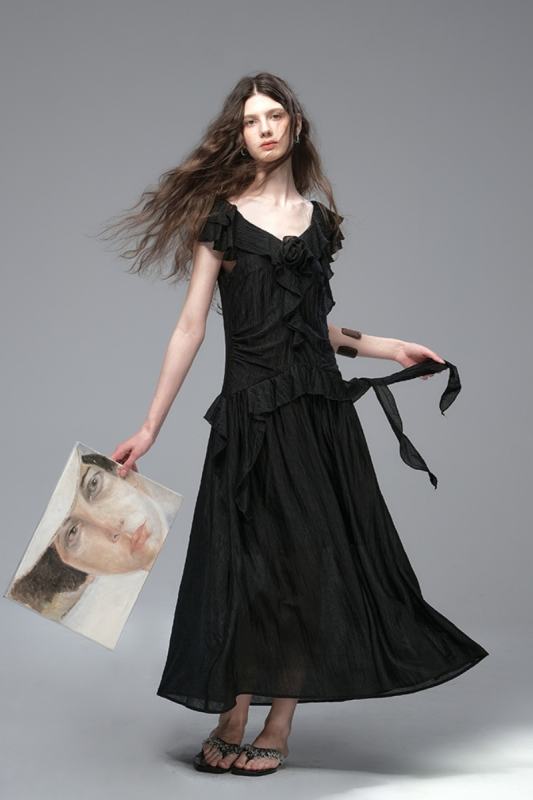 Black Mandala Ruffled Pleated Dress Black Modern Fashion