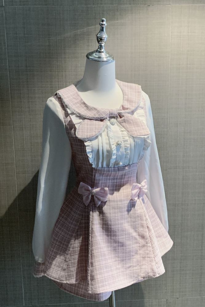 Pink Rabbit Love Ode Plaid Bow Set Pink Jirai Kei Outfits