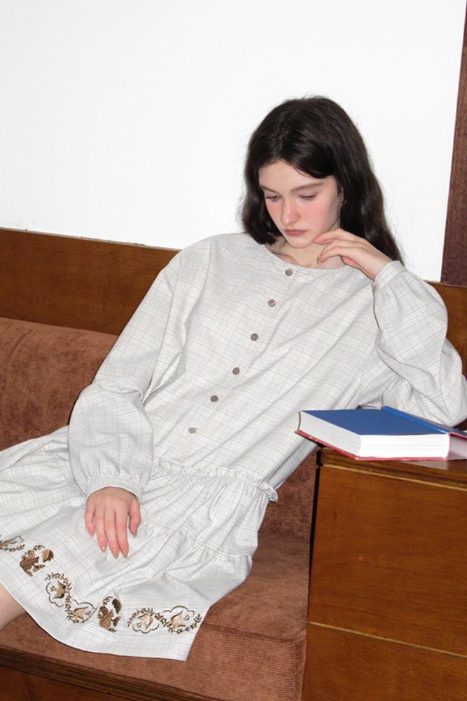 Chipmunks Artistic Embroidered Grey White Dress Mori Kei Style