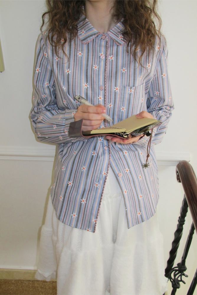 Impressionism Retro Stripe Long Sleeve Blouse Mori Kei Clothes