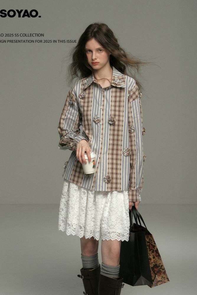 Impressionism Retro Stripe Long Sleeve Blouse Mori Kei Clothes