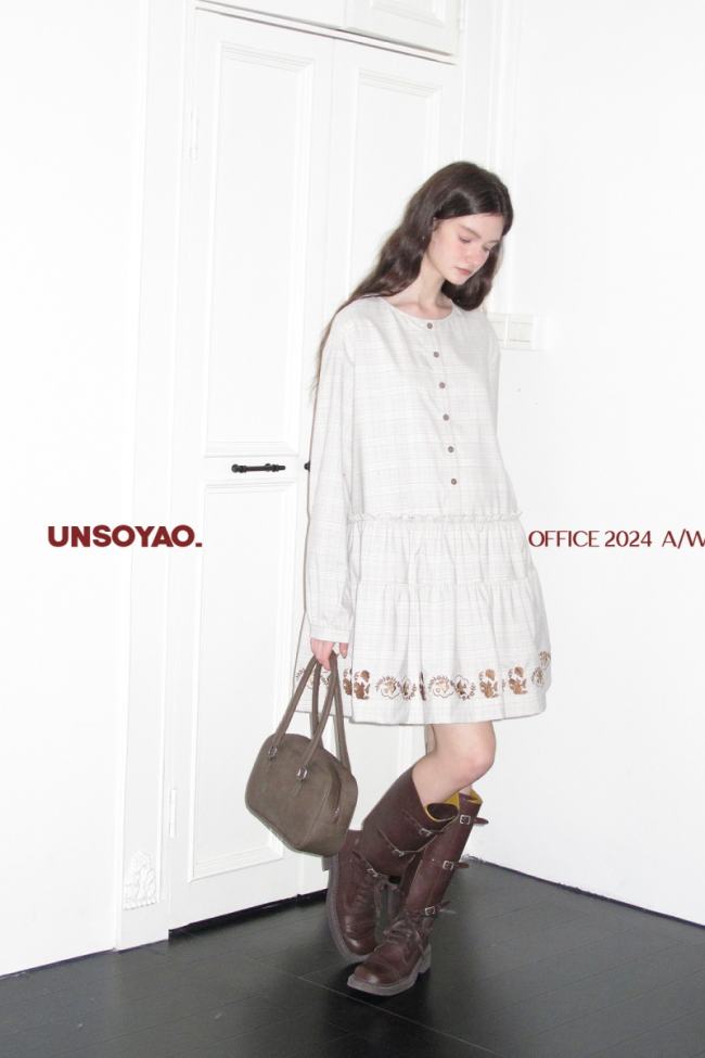 Chipmunks Artistic Embroidered Grey White Dress Mori Kei Style