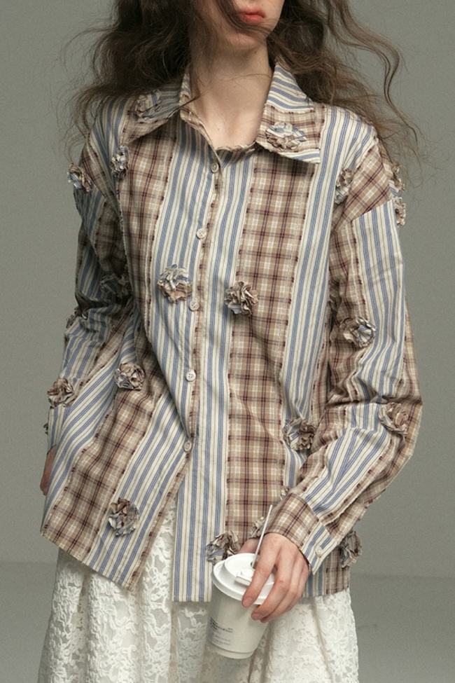 Impressionism Retro Stripe Long Sleeve Blouse Mori Kei Clothes