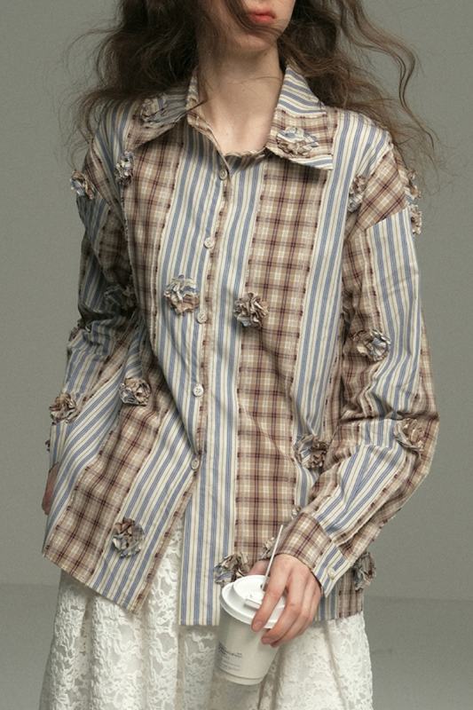 Impressionism Retro Stripe Long Sleeve Blouse Mori Kei Clothes