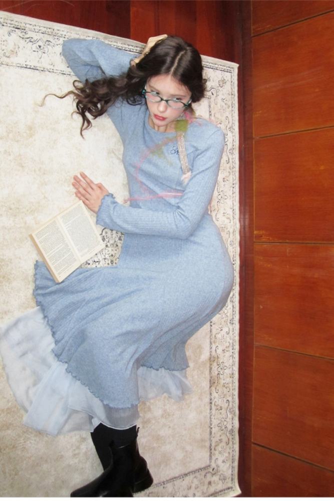 Annie Romance Round Neck High Elasticity Dress Blue Modern Clothes