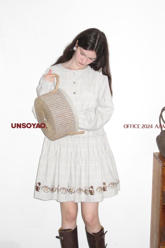 Chipmunks Artistic Embroidered Grey White Dress Mori Kei Style