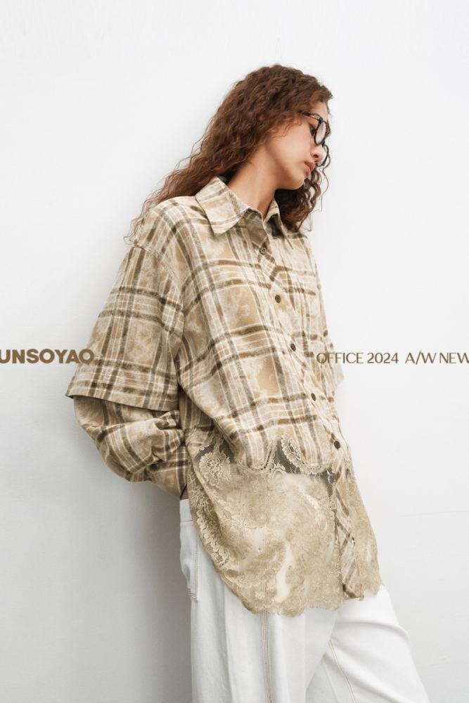 Sweet Apricot Latte Printed Lace Patchwork Blouse Mori Kei Clothing