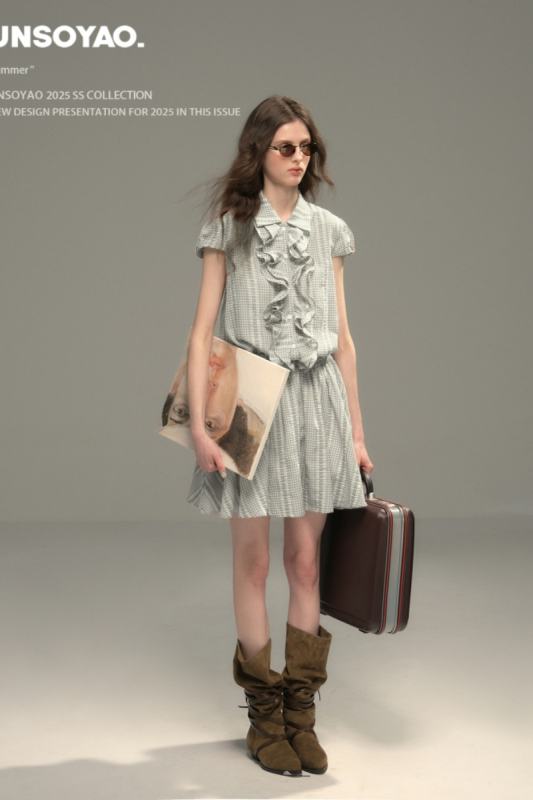 Silver Coral Grey Plaid Shirt Dress Mori Kei Fashion