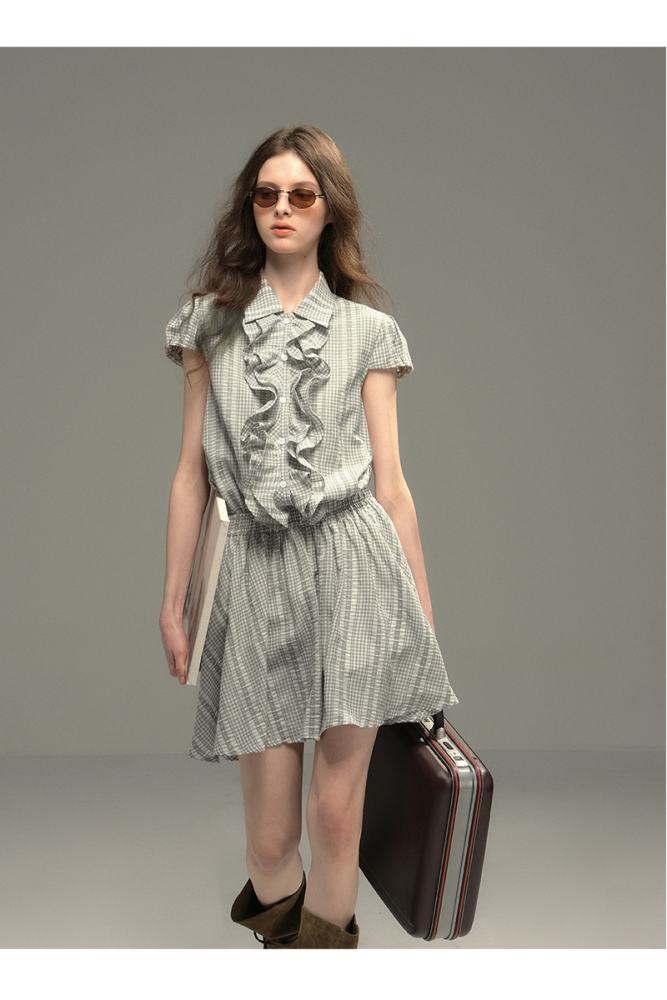 Silver Coral Grey Plaid Shirt Dress Mori Kei Fashion