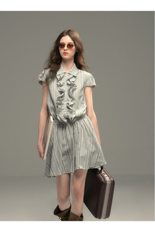 Silver Coral Grey Plaid Shirt Dress Mori Kei Fashion