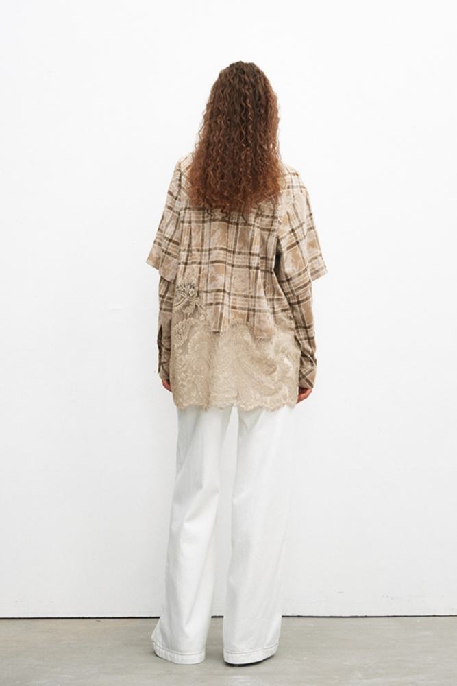 Sweet Apricot Latte Printed Lace Patchwork Blouse Mori Kei Clothing