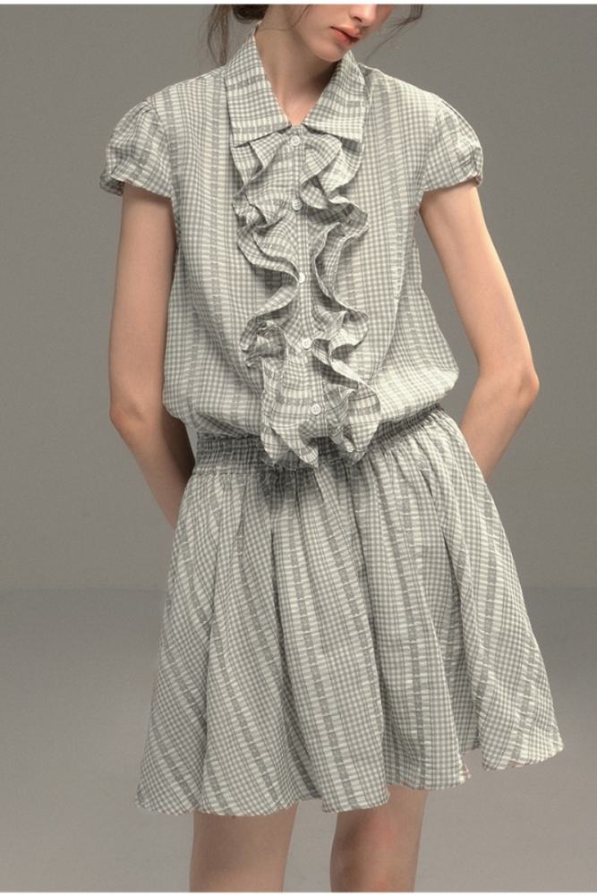 Silver Coral Grey Plaid Shirt Dress Mori Kei Fashion