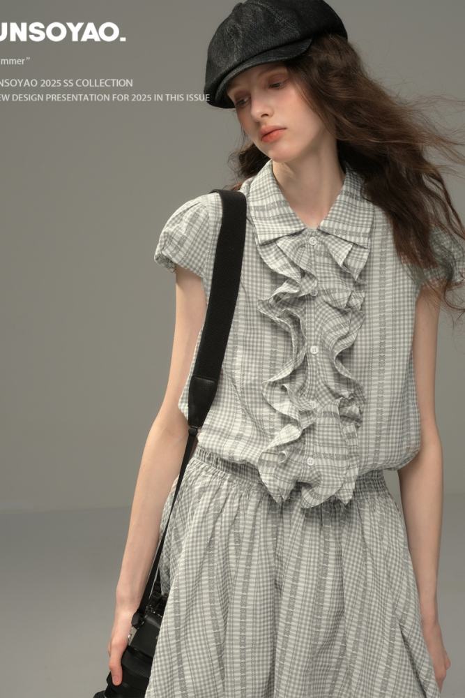 Silver Coral Grey Plaid Shirt Dress Mori Kei Fashion