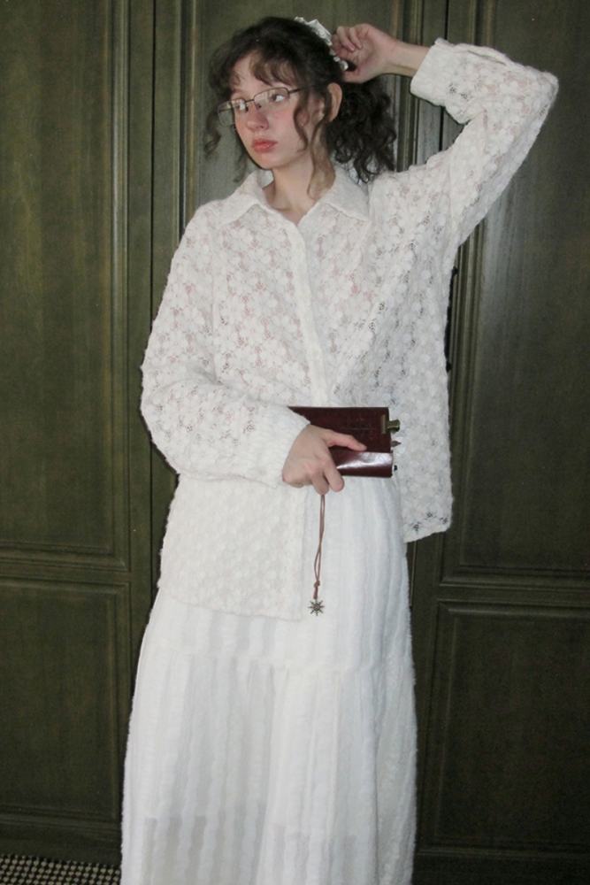 Flowers Bloom Hollowed White Blouse Mori Kei Outfits