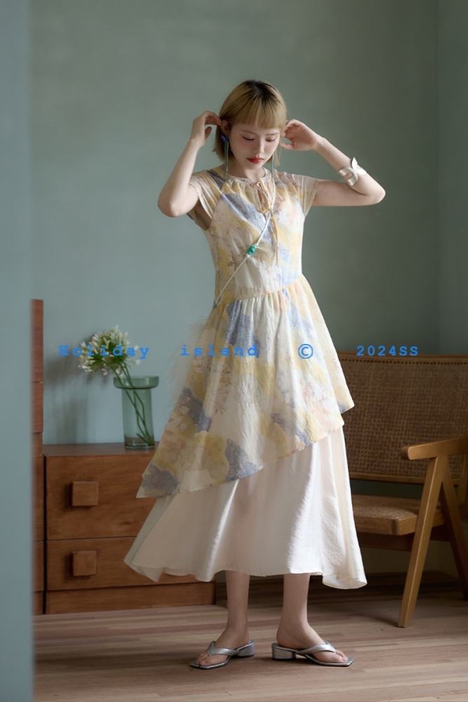 Summer Gardenia Watercolor Patchwork Dress Mori Kei Clothing