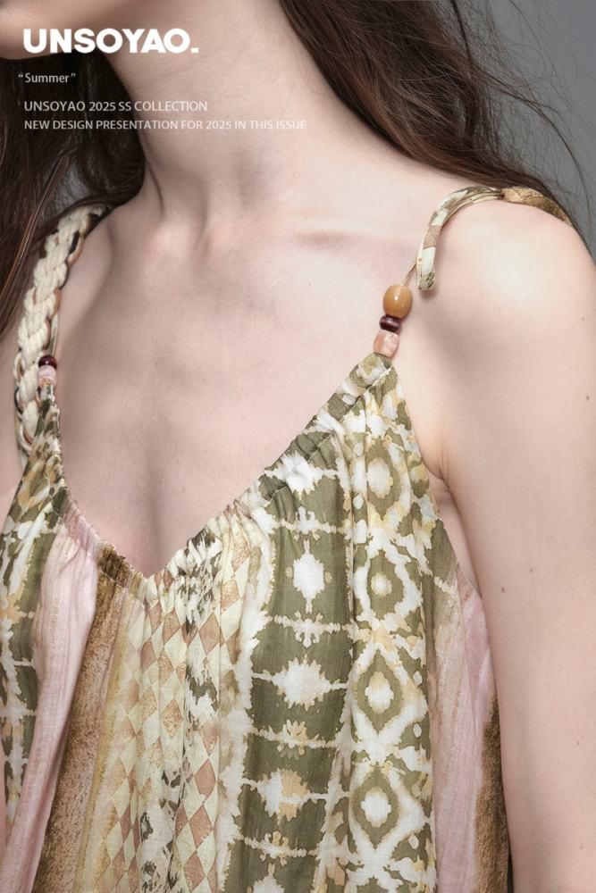 Santorini Letters Bohemian Halter Top Green Skirt Mori Kei Style