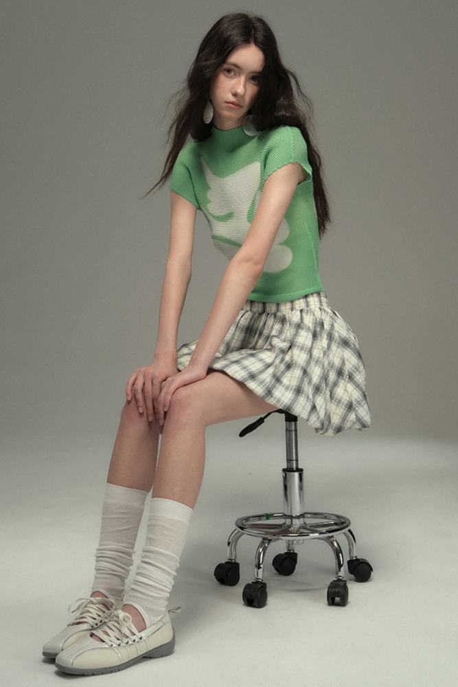 Cool Summer U Neck Top Plaid Bud Skirt Mori Kei Fashion