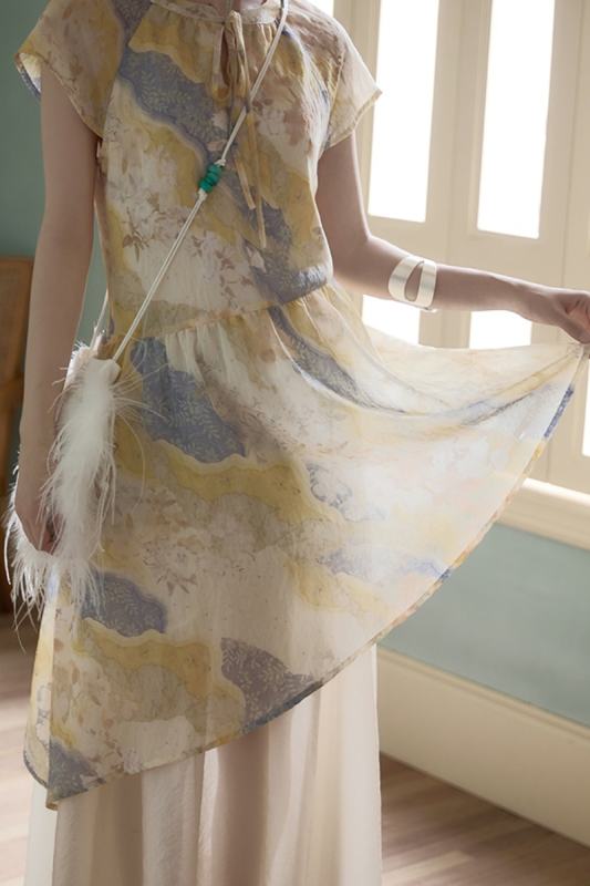 Summer Gardenia Watercolor Patchwork Dress Mori Kei Clothing