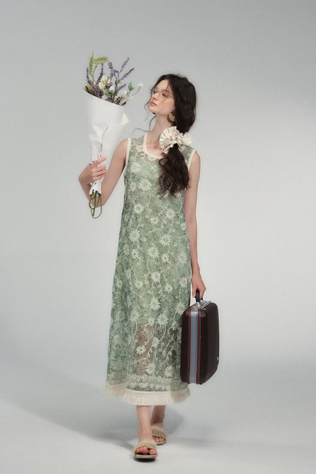 Moss Letter Hollowed Tassel Green Dress Mori Kei Clothes