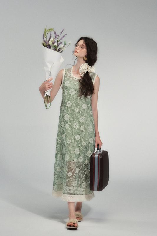 Moss Letter Hollowed Tassel Green Dress Mori Kei Clothes