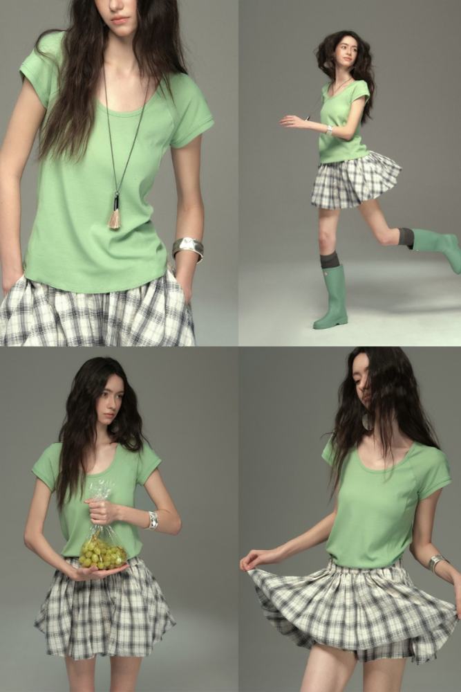 Cool Summer U Neck Top Plaid Bud Skirt Mori Kei Fashion