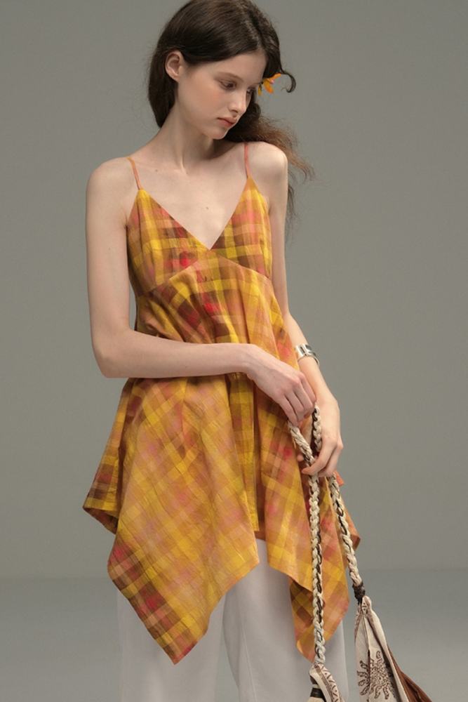Orange Sunset Irregular Plaid Halter Top Mori Kei Fashion