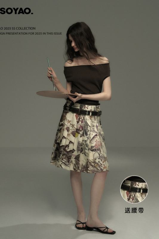 The Romance Print Mid Length Apricot Skirt Mori Kei Outfits