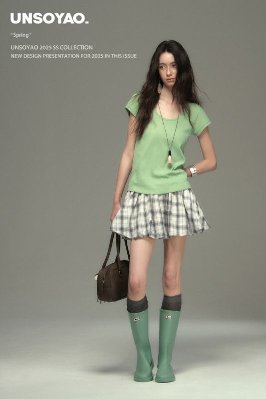 Cool Summer U Neck Top Plaid Bud Skirt Mori Kei Fashion