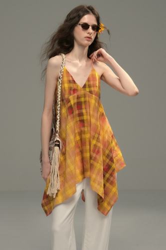 Orange Sunset Irregular Plaid Halter Top Mori Kei Fashion